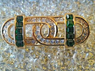 Haute Couture Christian Dior Faux Emerald & Diamond Gold Plate Brooch Pin