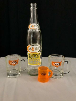 A&w Vintage 4 Piece Set (1 - 11” Glass Bottle 2 - 3” Glass Mugs & 1 - 2” Plasti