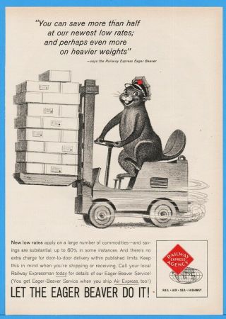 1960 Railway Express Agency Eager Beaver Hat Tow Motor Forklift Vintage Print Ad