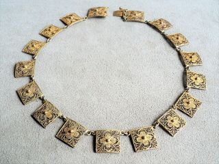 Vtg Art Deco Filigree Sterling Silver Gold Vermeil Choker Necklace Flowers 15.  5 "