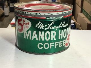 Vintage Mclaughlin’s Manor House Coffee Tin Can With Lid,