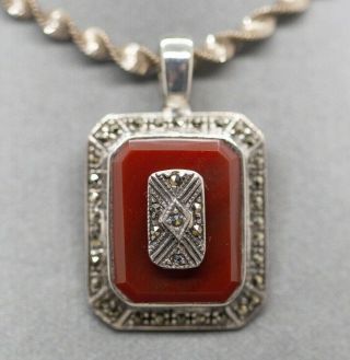Art Deco Carnelian And Marcasite Pendant In Sterling Silver