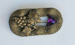 Antique Victorian Brass Sash Pin Brooch Grape Design Purple Amethyst Glass Stone