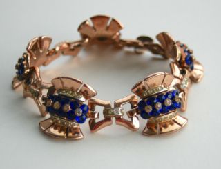 1945 Coro Craft Sterling Rose Gold Vermeil Sapphire Blue Gem Bracelet - By A Katz