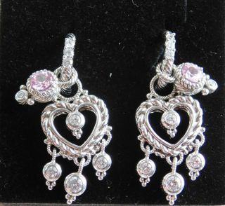 Gorgeous Judith Ripka Sterling Silver Cz Omega Back Heart Earrings W/charms