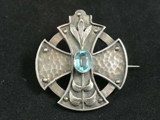Antique Arts & Crafts Silver Aquamarine Plantegenet Brooch,  Celtic,  Liberty & Co