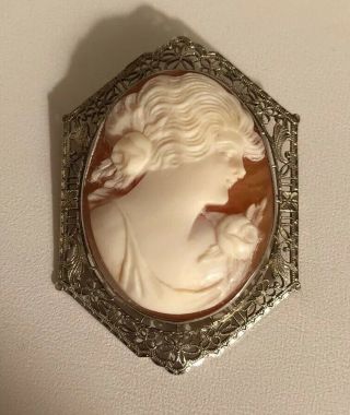 Antique 10k White Gold Filigree Hand Carved Shell Cameo Pin Brooch