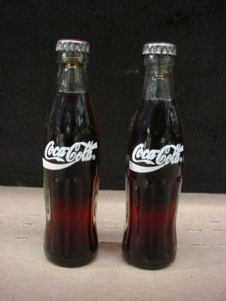 2 Vintage Coca Cola 3 " Miniature Glass Bottles With Red Metal Coke Cap & Liquid