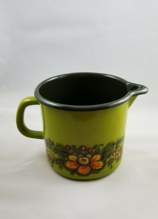 Vintage Green Enamel Pitcher Jug With Flowers And Berries