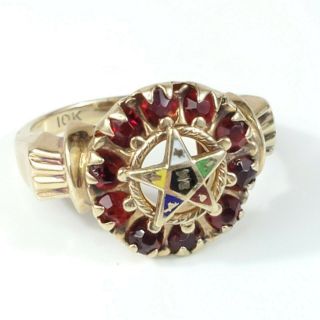 Stunning 10k Yellow Gold Enamel Order Of Eastern Star Masonic Ring Garnet Style