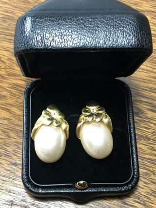 Givenchy Gold Tone Faux Pearl Clip On Earrings & Crystal Dot Flower