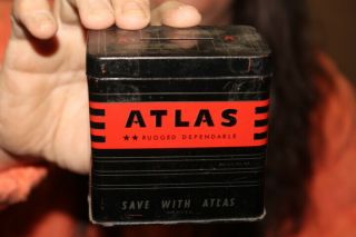 Vintage Atlas Batteries Car Battery Gas Station Coin Bank Gas Oil Can Sign