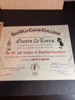 Rare 1962 Old Crow Distillery Certificate “the Old Crow College” Signed