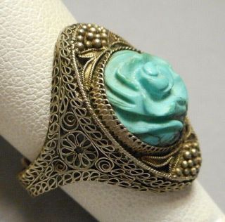 Old Chinese Silver Filigree Ring W/ Carved Turquoise Rose Size 5.  25 Adjustable