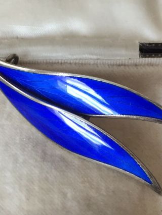 1960s Norway Sterling Silver Blue Enamel Double Leaf Design Brooch Pin By Thune