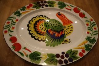 Vintage Large Oval Enamel Metal Thanksgiving Turkey Tray Serving Platter 14x18 "