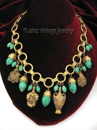 Etruscan Victorian Revival Green Glass Gold Floral Charm Book Chain Necklace