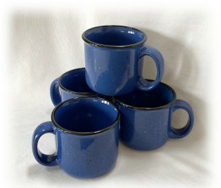 4 Marlboro Unlimited Stoneware Coffee Mugs Soup Cups Blue Speckled Black Rim