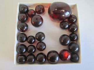 Group Of 25 Cherry Amber Bakelite Beads 77.  1 Grams