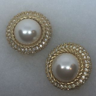 Christian Dior - Large Faux Pearl Gleaming Crystal Statement Couture Earrings
