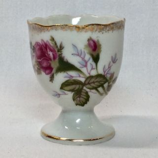 Vintage Egg Cup Holder Japan White Bone China Pink Moss Roses Gold Trim 2.  25 "