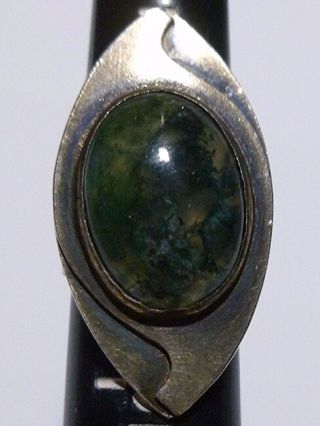 Mid Century Arts Crafts Modern Modernist Moss Agate Sterling Silver Ring