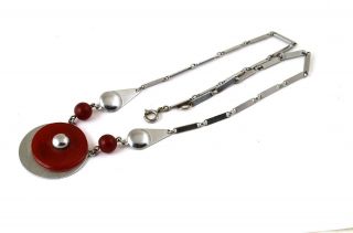 Art Deco Machine Age Jakob Bengel Chrome Red Galalith Disc Necklace