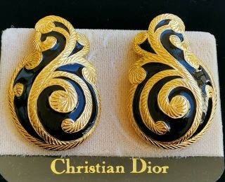 Christian Dior Haute Couture Runway Gold Plated Black Enamel Earrings