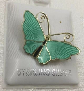 Norway Da David Andersen Signed Green Enamel Butterfly Brooch Sterling Silver