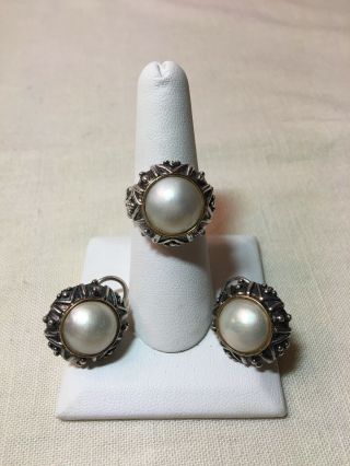 Signed " Lys " Sterling Silver 18k Gold Mabe Pearl Ring Sz 7.  25 & Earrings Set