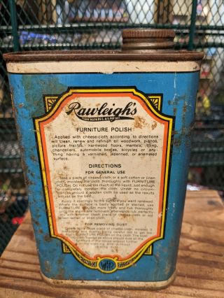 Vintage Raleigh ' s Furniture Polish 1 Pint All Metal Can Old Graphics 3