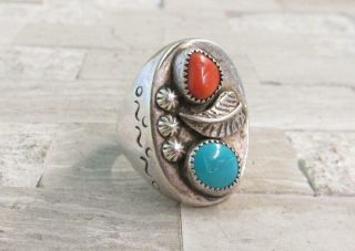Vintage Turquoise & Coral Sterling Silver Native American Ring Sz 9.  75 8 - H7205