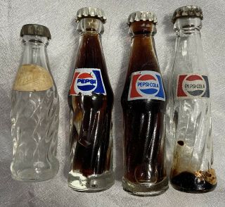 4 Vintage Miniature Glass Bottles Pepsi Cola - 2 Full All W/ Caps Script Is Worn