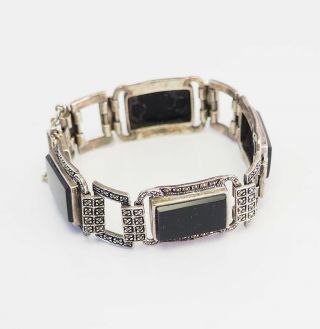 Gorgeous Vintage Sterling Silver Marcasite Onyx Art Deco Style Bracelet