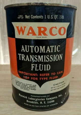 Full Nos Vintage Warco Automatic Transmission Fluid Cardboard 1 Qt Can - Gas Oil