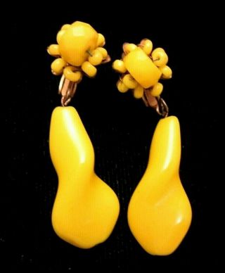 Rare Vintage 1 - 3/4 " Signed Miriam Haskell Goldtone Yellow Glass Clip Earrings