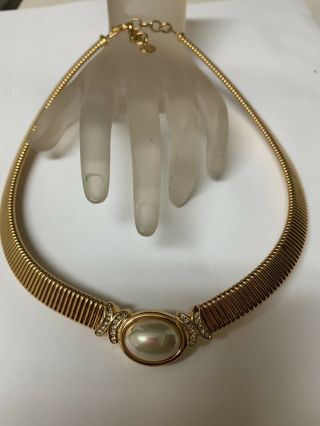 Vintage Christian Dior Faux Pearl Rhinestone Gold Tone Choker Necklace