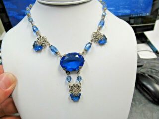 Vintage Art Deco Czech Blue Cut Glass Crystal Filigree Necklace Oval Pendant