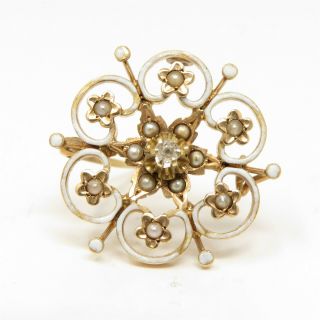 Nyjewel Estate Antique 10k Gold Diamond Seed Pearl Enamel Pin Brooch 24x24mm