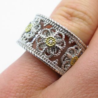 Judith Ripka 925 Sterling Silver & 18k Gold Diamond Floral Band Ring Size 6