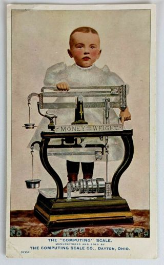 C1900s The Computing Scale Co Dayton Ohio Trade Card Baby In Gown Money Weight