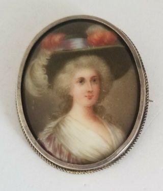 Vintage Sterling Silver Twisted Rope Hand Painted Porcelain Portrait Of A Lady