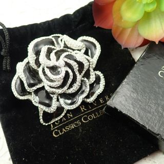 Joan Rivers Black Enamel Rose Gardenia Rhinestone Edged Flower Pin Brooch W Box