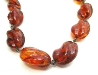 Long Vintage Carved Amber Strung On Sterling Silver Graduated Bead Necklace 23 "
