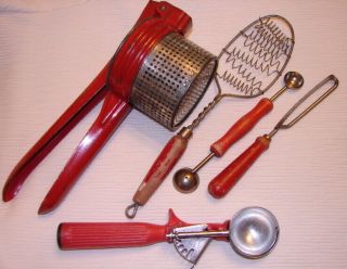 Five Vintage Red Handle Kitchen Tools - Utensils -