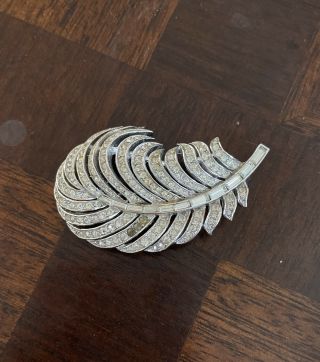 Vintage Crown Trifari Silver Tone Rhinestone Leaf Pin Brooch