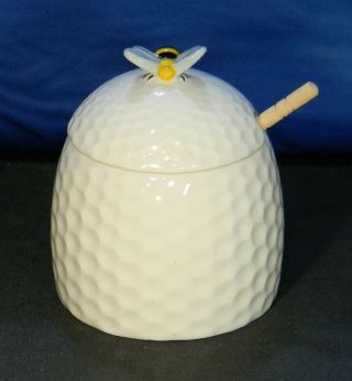 Beehive Honeycomb Ceramic Honey Jar With Bee On Top And Wooden Dipper By Tag