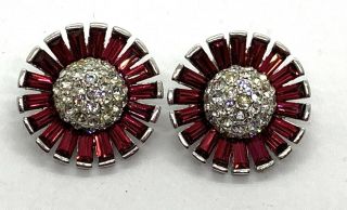 Vintage Signed Mb Marcel Boucher Red Baguette Clear Rhodium Clip - On Earrings
