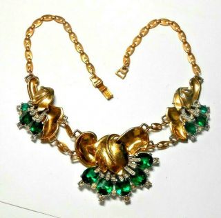Signed Barclay Gold Tone W/ Green & Clear Stones Necklace C.  40
