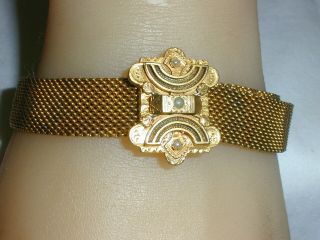 Antique Victorian Gold Filled Mesh Slide Bracelet W/ Seed Pearls